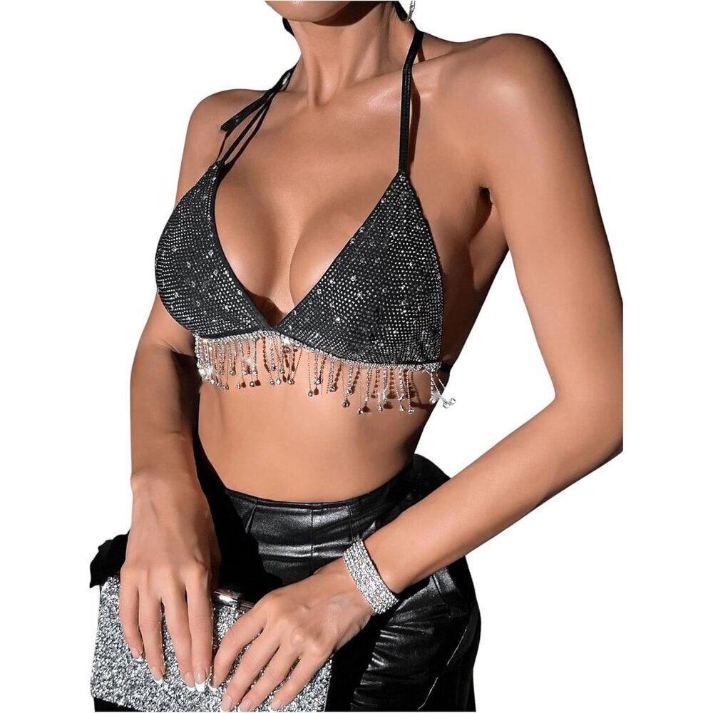 Women's Backless Sequin Crop Top Party Club Glitter Rhinestone Fringe